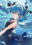  1girl air_bubble black_dress black_ribbon blue_eyes blue_hair blush bubble collarbone dress floating_hair hair_ribbon hatsune_miku highres long_hair looking_at_viewer luna_(luna610) open_mouth parted_lips ribbon sleeveless sleeveless_dress solo submerged twintails twitter_username underwater 