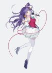  +_+ 1girl full_body grey_background hair_ornament hairpin high_heels highres holding holding_microphone hoshino_ai_(oshi_no_ko) idol idol_clothes long_hair looking_at_viewer microphone nut_chair open_mouth oshi_no_ko purple_footwear purple_hair simple_background skirt smile socks solo star_(symbol) violet_eyes white_skirt white_socks 
