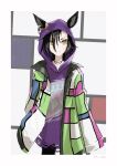  1girl absurdres air_shakur_(umamusume) androgynous animal_ears black_hair buttons closed_mouth cowboy_shot ear_chain ear_ornament ears_through_hood eyebrow_piercing hair_between_eyes highres hood hood_up hoodie horse_ears jacket jewelry leggings long_hair long_sleeves looking_at_viewer multicolored_clothes multicolored_jacket necklace official_alternate_costume olime_sian open_clothes open_jacket piercing sleeves_past_fingers sleeves_past_wrists solo umamusume unbuttoned unzipped yellow_eyes zipper 