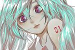  1girl bare_shoulders blue_eyes blue_hair eyelashes hair_between_eyes hatsune_miku konnyakutarooou light_blue_hair lips long_hair looking_at_viewer multicolored_eyes number_tattoo pink_eyes shoulder_tattoo simple_background solo tattoo upper_body vocaloid white_background 