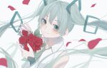  1girl bare_shoulders blush bouquet closed_mouth collared_shirt falling_petals floating_hair flower frilled_shirt frills from_side green_eyes green_hair green_necktie hatsune_miku highres holding holding_bouquet long_hair looking_at_viewer necktie petals red_flower red_rose ringed_eyes rose shirt simple_background sleeveless sleeveless_shirt smile solo tsuki_mitsu upper_body very_long_hair vocaloid white_background white_shirt 