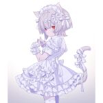  1girl absurdres animal_ears apron cat_ears cat_girl cat_tail dress frilled_apron frilled_dress frills frown goshi-san gradient_background grey_hair hair_ribbon hairband highres lace-trimmed_legwear lace_trim looking_at_viewer maid maid_headdress original own_hands_together red_eyes ribbon short_hair short_sleeves solo steepled_fingers tail tail_ornament tail_ribbon thigh-highs white_apron white_dress white_ribbon white_thighhighs wrist_cuffs 