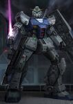  beam_rifle beam_saber door energy_beam energy_gun english_commentary green_eyes gundam gundam_0080 gundam_alex hangar light looking_at_viewer machinery mecha mobile_suit no_humans photoshop_(medium) realistic redesign rickyryan robot science_fiction shield weapon 