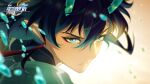  1boy :| black_hair chinese_clothes chinese_commentary closed_mouth colored_inner_hair dan_heng_(honkai:_star_rail) dan_heng_(imbibitor_lunae)_(honkai:_star_rail) dragon_boy dragon_horns green_eyes green_horns hair_between_eyes highres honkai:_star_rail honkai_(series) horns logo long_hair male_focus multicolored_hair official_art official_wallpaper pointy_ears red_eyeliner simple_background solo upper_body v-shaped_eyebrows water 
