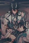  2boys absurdres black_hair book chinese_clothes dan_heng_(honkai:_star_rail) dan_heng_(imbibitor_lunae)_(honkai:_star_rail) dragon_boy dragon_horns earrings elbow_gloves expressionless gloves green_eyes green_horns grey_shirt hair_between_eyes highres honkai:_star_rail honkai_(series) horns jacket jewelry long_hair long_sleeves lying male_focus multiple_boys night official_alternate_costume pointy_ears red_eyeliner shirt short_hair single_earring tail traditional_clothes very_long_hair white_jacket yonghu7844559716 