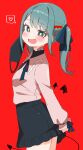  1girl :d absurdres arms_behind_back bandaid bandaid_on_neck black_skirt blush bow collared_shirt demon_tail detached_wings ear_piercing facial_mark fang from_side hair_bow hair_ornament hatsune_miku heart heart_facial_mark heart_hair_ornament highres lace_trim looking_at_viewer mask mask_removed non-web_source piercing red_background shirt skirt smile speech_bubble tail thighs twintails uruti_2388 vampire vampire_(vocaloid) vocaloid wings 