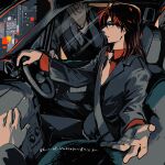  2boys black_eyes car_interior city closed_mouth commentary_request driving expressionless feet_out_of_frame grey_jacket grey_pants hair_between_eyes ichijou_seiya jacket kaiji long_hair long_sleeves male_focus medium_bangs multiple_boys murakami_tamotsu neckerchief pants pov profile reaching reaching_towards_viewer red_shirt redhead reflection seatbelt shirt solo_focus steering_wheel suit unknown03162 white_neckerchief 
