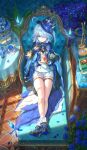  1girl ahoge balance_scale blue_flower blue_gemstone blue_rose blue_theme blueberry book chair crystalfly_(genshin_impact) cup cupcake fish_tank flower food fruit furina_(genshin_impact) gavel gem genshin_impact hebbtia high_heels highres holding holding_plate holding_spoon lounge_chair lying macaron multicolored_hair plate pudding rose saucer shoes shorts smile solo spoon strawberry streaked_hair tea teacup vision_(genshin_impact) weighing_scale white_hair 