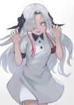  1girl absurdres black_flower claw_pose collared_dress cowboy_shot dress flower grey_dress grey_eyes grey_hair hair_flower hair_ornament hair_over_one_eye hands_up highres isekai_joucho kamitsubaki_studio long_hair looking_at_viewer multicolored_hair neko_hiiragi parted_lips redhead short_sleeves simple_background smile solo two-tone_hair virtual_youtuber white_background 