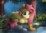  bird blue_eyes duck fluttershy forest highres long_hair my_little_pony my_little_pony:_friendship_is_magic nature no_humans outdoors pegasus pegasus_wings pink_hair plant tree water yakovlev-vad yellow_fur 