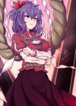  1girl arms_under_breasts benizuwai breasts crossed_arms hair_ornament highres layered_sleeves leaf_hair_ornament long_sleeves mirror purple_hair red_eyes red_shirt red_skirt rope rope_belt shide shimenawa shirt short_over_long_sleeves short_sleeves skirt smirk solo touhou yasaka_kanako 
