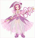  1girl adapted_costume boots brooch closed_mouth commentary_request dress earrings fairy frilled_dress frills full_body gloves hakusai_(tiahszld) hat holding holding_staff jewelry leotard looking_at_viewer magical_girl ojamajo_doremi one_side_up pointy_footwear purple_dress purple_footwear purple_gloves purple_hair purple_headwear purple_leotard roro_(ojamajo_doremi) segawa_onpu short_hair simple_background smile solo staff standing thigh-highs violet_eyes white_background witch_hat 