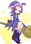  1girl boots broom broom_riding closed_mouth commentary_request dress earrings full_body gloves hat high_heels jewelry looking_at_viewer magical_girl ojamajo_doremi one_side_up pointy_footwear purple_dress purple_footwear purple_gloves purple_hair purple_headwear segawa_onpu short_hair sitting smile solo tsukikage_oyama violet_eyes witch_hat 