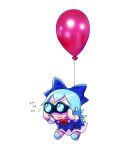  1girl balloon binoculars blue_bow blue_dress blue_hair bow chibi cirno commentary dress english_commentary fumo_(doll) hair_bow highres holding holding_binoculars ice ice_wings skullchimes smile solo touhou v-shaped_eyebrows wings 