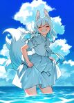  1girl ^_^ absurdres animal_ears blue_sky blush cafe92 closed_eyes clouds facing_viewer fox_ears fox_girl fox_tail grin hanbok highres horangi_deureowayo kitsune korean_clothes kyuubi multiple_tails outdoors revision seolhwa_(horangi_deureowayo) shirt short_sleeves skirt skirt_hold sky sleeves_rolled_up smile solo tail wading white_hair white_shirt white_skirt 