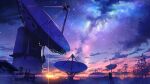  1girl blue_sky clouds commentary_request from_behind highres holding holding_umbrella landscape long_hair milky_way night night_sky original outdoors power_lines radio_telescope scenery sky smile_(qd4nsvik) standing star_(sky) starry_sky sunset tree umbrella 