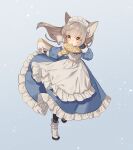  1girl animal_ears apron bag blue_background blue_dress blush boots breath dress frilled_apron frilled_dress frills full_body gloves goshi-san grey_hair highres holding holding_bag long_hair maid maid_headdress open_mouth original scarf snowing solo white_apron yellow_eyes 