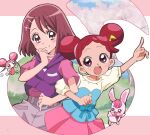  2girls :d arm_up blush commentary_request cosplay costume_switch crossover dodo_(ojamajo_doremi) double_bun fairy grey_shorts hair_bun hair_ornament hairpin hanadera_nodoka hand_to_own_mouth hand_up harukaze_doremi healin&#039;_good_precure highres hood hood_down hooded_jacket jacket locked_arms long_hair looking_at_another masaru_(win800) multiple_girls musical_note ojamajo_doremi open_mouth pink_eyes pink_shirt pink_skirt pleated_skirt pointing pointing_up precure purple_jacket rabbit rabirin_(precure) redhead shirt short_hair short_sleeves shorts skirt sleeveless sleeveless_jacket smile t-shirt 