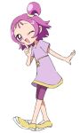  1girl ;d commentary_request dress finger_to_mouth full_body hand_up index_finger_raised looking_at_viewer namori ojamajo_doremi one_eye_closed one_side_up open_mouth purple_dress purple_hair purple_shorts segawa_onpu shoes short_hair short_sleeves shorts simple_background smile sneakers solo standing violet_eyes white_background yellow_footwear 