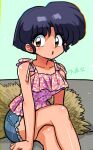  1girl blue_hair blush breasts brown_eyes open_mouth ranma_1/2 short_hair shorts signature simple_background sitting solo tendou_akane wanta_(futoshi) 