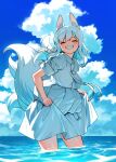  1girl ^_^ animal_ears blue_sky blush cafe92 closed_eyes clouds facing_viewer fox_ears fox_girl fox_tail grin hanbok horangi_deureowayo kitsune korean_clothes kyuubi multiple_tails outdoors seolhwa_(horangi_deureowayo) shirt short_sleeves skirt skirt_hold sky sleeves_rolled_up smile solo tail wading white_hair white_shirt white_skirt 