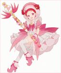  1girl :d adapted_costume brooch commentary_request dodo_(ojamajo_doremi) double_bun dress earrings fairy frilled_dress frilled_gloves frilled_sleeves frills full_body gloves hair_bun hair_ornament hakusai_(tiahszld) hand_up harukaze_doremi holding holding_staff jewelry looking_at_viewer magical_girl musical_note musical_note_hair_ornament ojamajo_doremi open_mouth pink_dress pink_eyes pink_footwear pink_gloves pink_headwear pointy_footwear puffy_short_sleeves puffy_sleeves redhead short_hair short_sleeves simple_background smile solo staff standing standing_on_one_leg thigh-highs white_thighhighs 