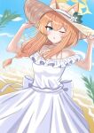  1girl :&lt; absurdres alternate_costume animal_ear_fluff animal_ears beach blue_archive blue_eyes blush braid commentary dress fox_ears fox_girl halo hat highres inori_mochi mari_(blue_archive) ocean one_eye_closed open_mouth orange_hair outdoors sand side_braid single_braid solo straw_hat sun_hat sundress upper_body water white_dress 