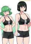  2girls absurdres bare_shoulders bike_shorts black_hair bottle breasts collarbone dashi_(dashiart) fubuki_(one-punch_man) green_eyes green_hair highres multiple_girls navel one-punch_man short_hair siblings sisters stomach tatsumaki 