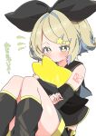  1girl absurdres arm_tattoo black_bow black_footwear blonde_hair blush bow colored_inner_hair detached_sleeves hair_bow hair_ornament highres holding holding_stuffed_toy kagamine_rin knees_to_chest knees_together_feet_apart multicolored_hair no_mouth notice_lines solo star_(symbol) star_hair_ornament streaked_hair stuffed_toy tattoo thighs translation_request uruti_2388 vocaloid 
