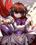  1girl absurdres black_hair bracelet cape closed_mouth commentary_request dress fingernails grey_background highres horns jewelry kijin_seija long_fingernails looking_at_viewer multicolored_hair red_cape red_eyes red_nails redhead short_sleeves signature solo streaked_hair top-exerou touhou white_dress white_hair 