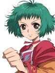  1girl black_eyes choker clenched_hand farah_oersted green_hair highres looking_at_viewer red_choker shirako_(kirupi) short_hair simple_background solo tales_of_(series) tales_of_eternia white_background 
