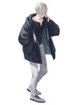  1boy black_jacket black_shirt dairoku_ryouhei earrings full_body hair_over_one_eye hand_in_pocket hand_up highres jacket jewelry kashino_yuki light_brown_hair looking_at_viewer male_focus open_clothes open_jacket pants quyiyong shirt solo standing transparent_background white_footwear white_pants 