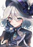  1girl ascot black_ascot black_gloves blue_eyes blue_gemstone blue_hair blue_headwear blue_jacket brooch closed_mouth commentary_request drop-shaped_pupils frills furina_(genshin_impact) gem genshin_impact gloves gradient_hair grey_hair hair_between_eyes half_gloves hand_on_own_cheek hand_on_own_face hat hat_ornament jacket jewelry konata_(knt_banri) light_blue_hair light_smile long_bangs long_hair long_sleeves looking_at_viewer mismatched_pupils multicolored_hair signature simple_background solo sparkle top_hat upper_body 