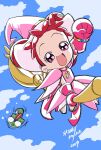  1girl :d arm_up artist_name blue_sky broom broom_riding clenched_hand clouds commentary_request constricted_pupils double_bun dress earrings flying full_body gloves hair_bun harukaze_doremi hat highres jewelry koike_satoshi looking_at_viewer magical_girl majorika ojamajo_doremi open_mouth outdoors pink_dress pink_eyes pink_footwear pink_gloves pink_headwear pointy_footwear redhead scared short_hair sky smile solo wide-eyed witch_hat 