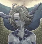  1girl ahoge bare_shoulders brown_hair detached_sleeves duel_monster feathered_wings finger_to_mouth hair_over_one_eye head_wings highres index_finger_raised moon parted_bangs protector_of_the_agents_-_moon short_hair solo tamatarou upper_body violet_eyes wings yu-gi-oh! 