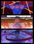  1boy bleeding blood blue_bodysuit blue_hair bodysuit chain closed_eyes cu_chulainn_(fate) cu_chulainn_(fate/stay_night) earrings facing_viewer fate/stay_night fate_(series) fire hal_(haaaalhal) heaven&#039;s_feel highres indoors injury jewelry long_hair looking_at_viewer open_mouth outdoors outstretched_arms ponytail shoulder_pads smile solo spoilers spread_arms teeth tentacles upper_body upper_teeth_only wet 