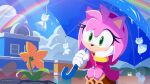  1girl amy_rose clouds commentary_request flower frog froggy_(sonic) furry furry_female gloves green_eyes holding holding_umbrella hood hoodie light_rays official_art orange_flower rainbow smile sonic_(series) squatting teruterubouzu umbrella uno_yuuji white_gloves 
