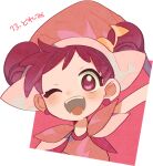  1girl ;d arm_up blush character_name commentary_request double_bun dress earrings hair_bun hair_ornament harukaze_doremi hat jewelry looking_at_viewer magical_girl miwasiba musical_note musical_note_hair_ornament ojamajo_doremi one_eye_closed open_mouth pink_dress pink_eyes pink_headwear short_hair smile solo upper_body witch_hat 