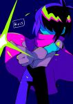 1boy armor black_hair black_pants blue_background blue_skin cape character_name colored_skin commentary deltarune gloves hair_over_eyes highres kris_(deltarune) magic male_focus male_only menma_(enaic31) pants pink_cape shoulder_armor simple_background solo symbol-only_commentary white_gloves