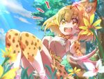  animal_ears bare_shoulders blonde_hair blush bow bowtie cat_ears cat_girl cat_tail extra_ears flower gloves hair_between_eyes high-waist_skirt highres icorasama kemono_friends looking_at_viewer open_mouth print_bow print_bowtie print_gloves print_skirt print_thighhighs serval_(kemono_friends) serval_print shirt short_hair sidelocks sitting skirt smile tail thigh-highs white_shirt yellow_eyes 