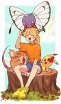  1girl :d blonde_hair blush_stickers border butterfree closed_eyes commentary_request flower grass holding knees long_hair marutoko45 open_mouth orange_shirt pikachu pokemon pokemon_(creature) pokemon_adventures ponytail raticate shirt shoes short_sleeves shorts sitting smile t-shirt teeth tongue tree_stump upper_teeth_only white_border yellow_(pokemon) yellow_footwear 