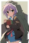  1girl :o absurdres blue_sailor_collar blue_skirt book book_hug border brown_cardigan brown_eyes cardigan coat commentary_request cowboy_shot glasses green_coat highres holding holding_book hooded_coat kita_high_school_uniform long_sleeves looking_at_viewer nagato_yuki object_hug open_cardigan open_clothes open_coat parted_lips purple_hair red_ribbon ribbon rokochandayo sailor_collar school_uniform serafuku short_hair skirt solo standing suzumiya_haruhi_no_shoushitsu suzumiya_haruhi_no_yuuutsu white_border winter_uniform 