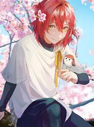  1boy baggy_clothes bird bird_on_hand black_leggings black_shorts blue_sky cherry_blossoms geolu hair_between_eyes hair_ornament hairpin hanasaki_miyabi highres holostars kyomu_suzume leggings looking_at_viewer male_focus redhead short_hair shorts sitting sky smile solo tree virtual_youtuber yellow_eyes 