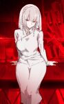  1girl absurdres armored_core armored_core_6 ayre_(armored_core_6) braid breasts expressionless grey_hair highres las91214 long_skirt long_sleeves looking_at_viewer medium_breasts red_eyes shirt sitting skirt solo twin_braids white_shirt white_skirt 