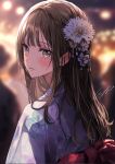  1boy absurdres artist_name blurry blurry_background blush brown_eyes brown_hair closed_mouth floral_print flower hair_flower hair_ornament hanaoka_makoto highres japanese_clothes kimono long_hair looking_at_viewer otoko_no_ko pomu_(joynet) senpai_wa_otokonoko signature solo upper_body white_flower yukata 