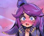  1girl alternate_costume blush collarbone d: flower hair_flower hair_ornament hands_up league_of_legends lillia_(league_of_legends) long_hair looking_at_viewer multicolored_background phantom_ix_row pink_eyes purple_hair solo tearing_up trembling 