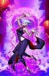  a.k.i._(street_fighter) aura chinese_clothes genzoman hair_over_one_eye highres impossible_hair lantern nail skull street_fighter tiptoes white_hair wire 