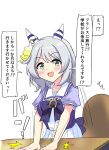  absurdres animal_ears breasts chair commentary_request desk_slam green_eyes grey_hair gryebooks hair_ornament highres hishi_miracle_(umamusume) horse_ears horse_girl looking_at_viewer medium_breasts medium_hair open_mouth school_uniform simple_background standing table tracen_school_uniform translation_request umamusume white_background 
