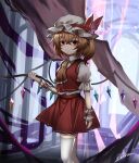  1girl absurdres ascot blonde_hair closed_mouth commentary_request crystal feet_out_of_frame flandre_scarlet hat hat_ribbon highres looking_at_viewer mob_cap one_side_up red_eyes red_ribbon red_skirt red_vest ribbon shirt short_hair short_sleeves signature skirt solo standing thigh-highs top-exerou touhou vest white_headwear white_shirt white_thighhighs wings wrist_cuffs yellow_ascot 