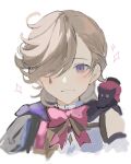  1boy animal_on_shoulder aroha252538 black_cat blush bow bowtie cat cat_on_shoulder chibi closed_mouth genshin_impact grey_hair hair_over_one_eye highres looking_at_viewer lyney_(genshin_impact) male_focus no_headwear pink_bow portrait short_hair simple_background sketch smile solo sparkle violet_eyes white_background 
